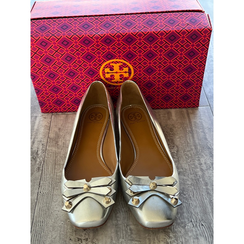 Tory Burch Aurora Metallic Silver Mirror Leather Studded Bow Ballet Flats 8.5